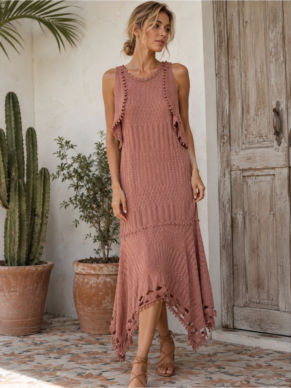 Jonathan Simkhai Dusty Rose/Peach Crochet Knit High Low Hem Maxi Dress Medium